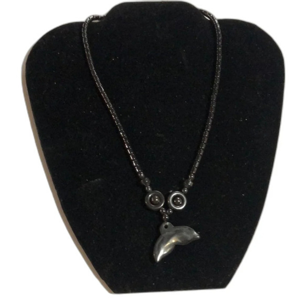 Hematite‎ Bead Necklace with Dolphin Tail Charm Pendant Jewelry